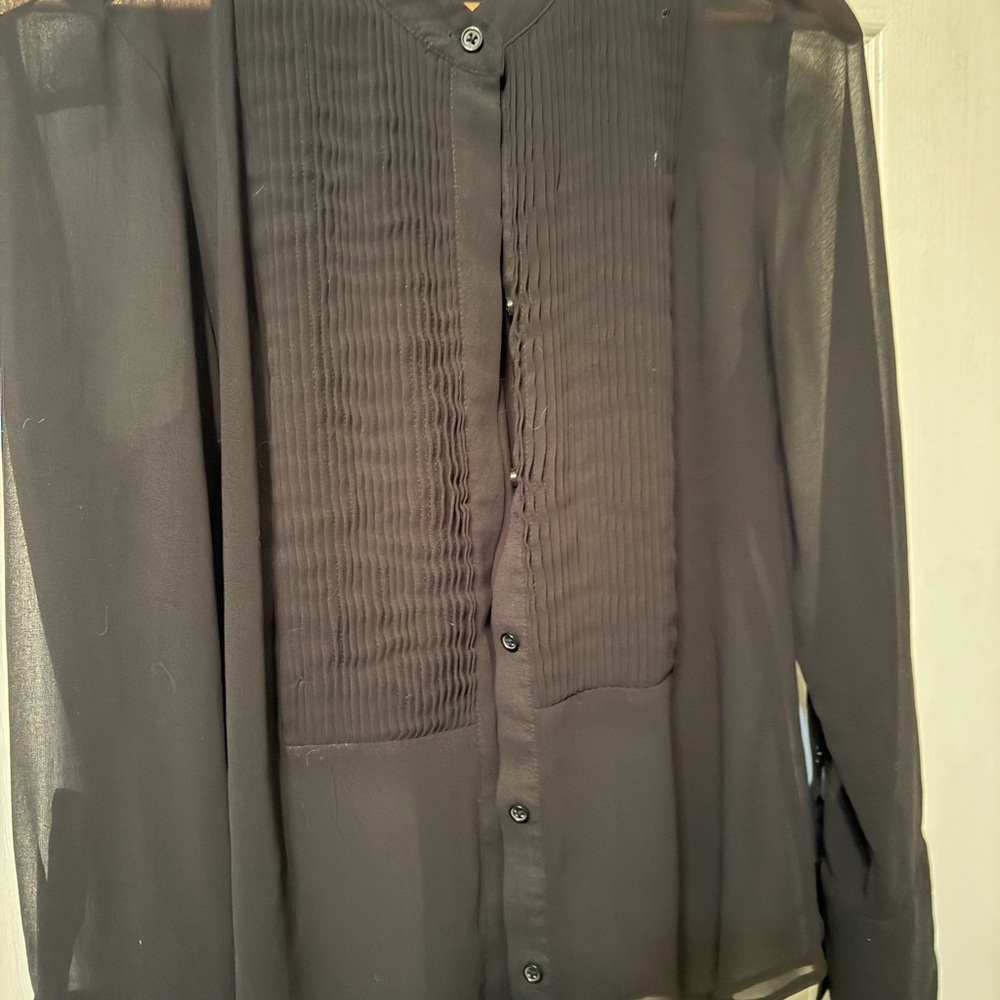 Banana Republic Sheer Black Tuxedo Style Button-Up Blouse